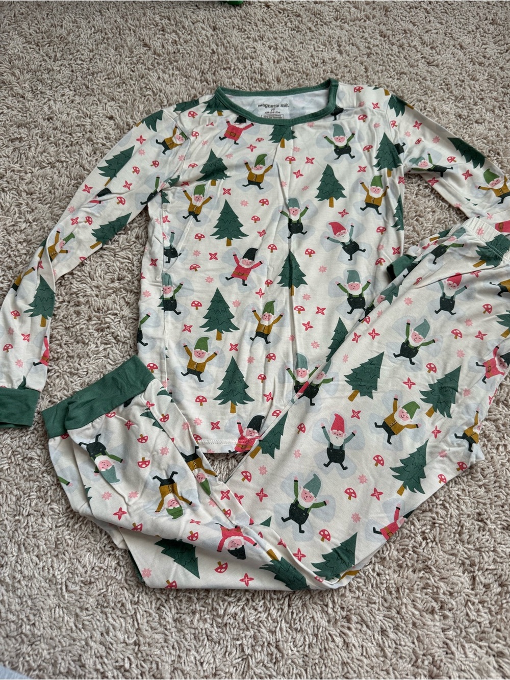 Magnetic Me Cream Pajama Set with Green Elf & Tree Print